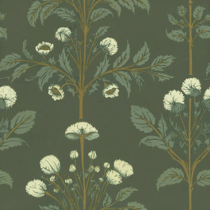 Tall stems of cream meadowsweet flowers and sage leaves on a deep moss-green ground, a William Morris design.