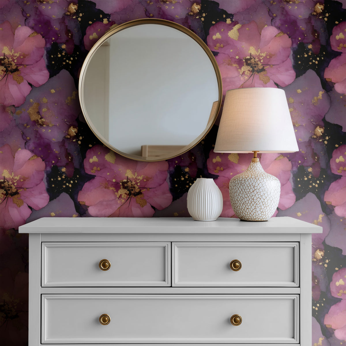 Midnight Blossom large scale wallpaper in a styled room