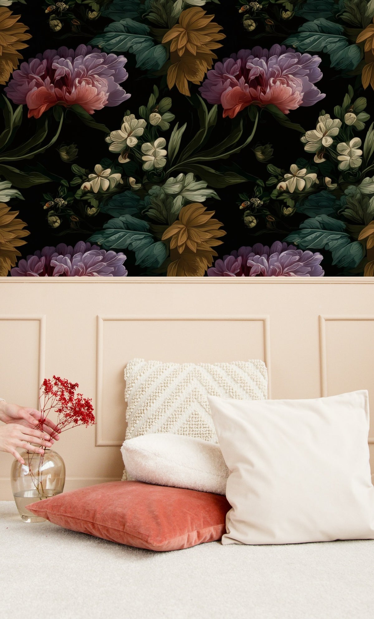 Midnight Bouquet large scale wallpaper in a styled room