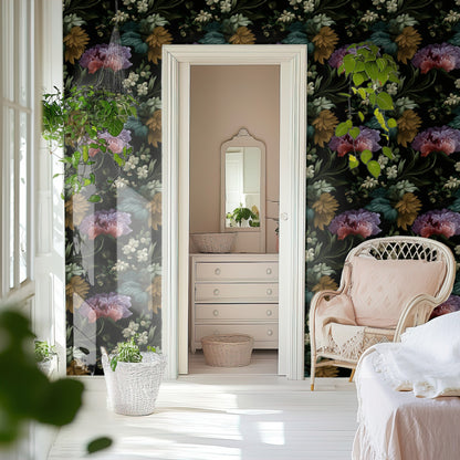 Midnight Bouquet large scale wallpaper in a styled room