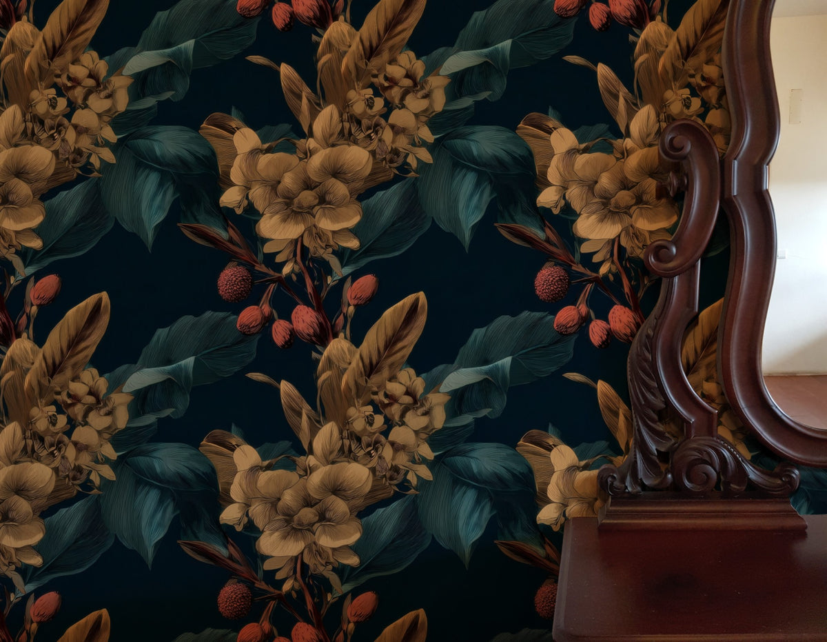 Midnight Camellia large scale wallpaper in a styled room