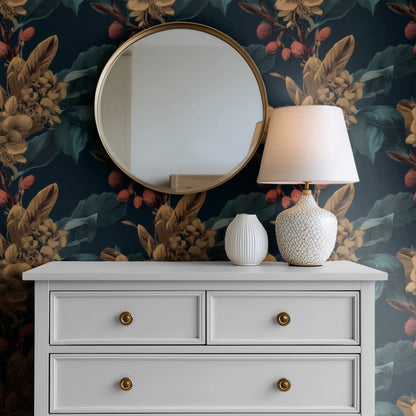 Midnight Camellia large scale wallpaper in a styled room