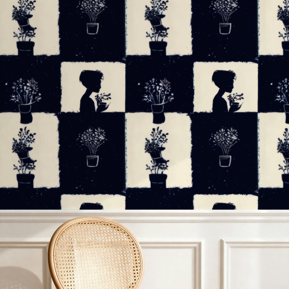 Midnight Checkerboard large scale wallpaper in a styled room