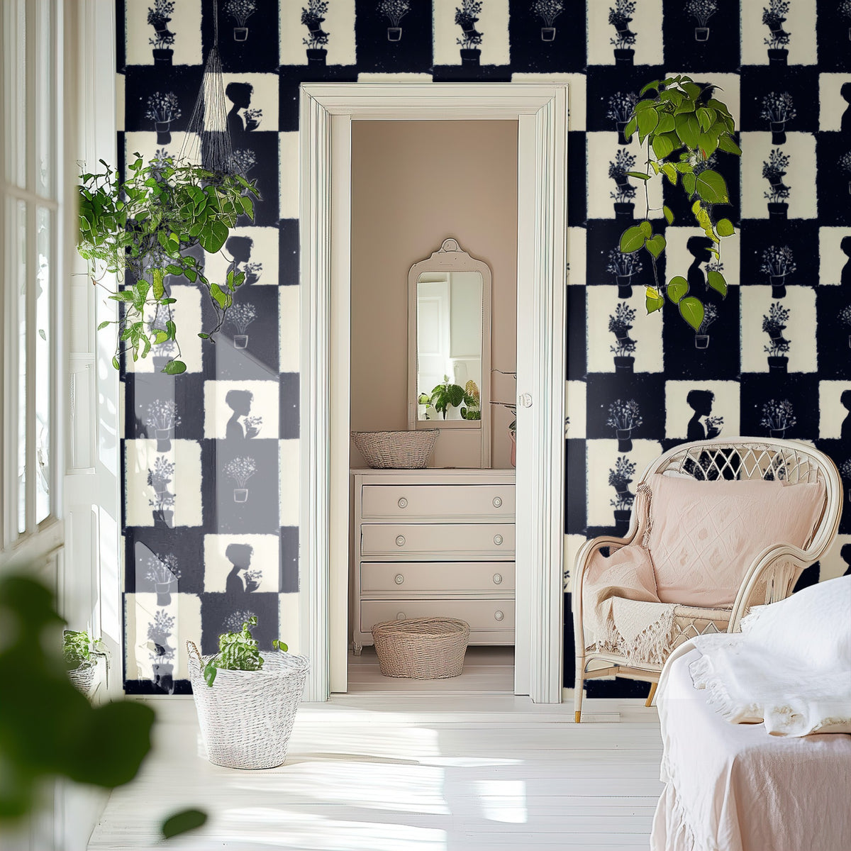 Midnight Checkerboard large scale wallpaper in a styled room
