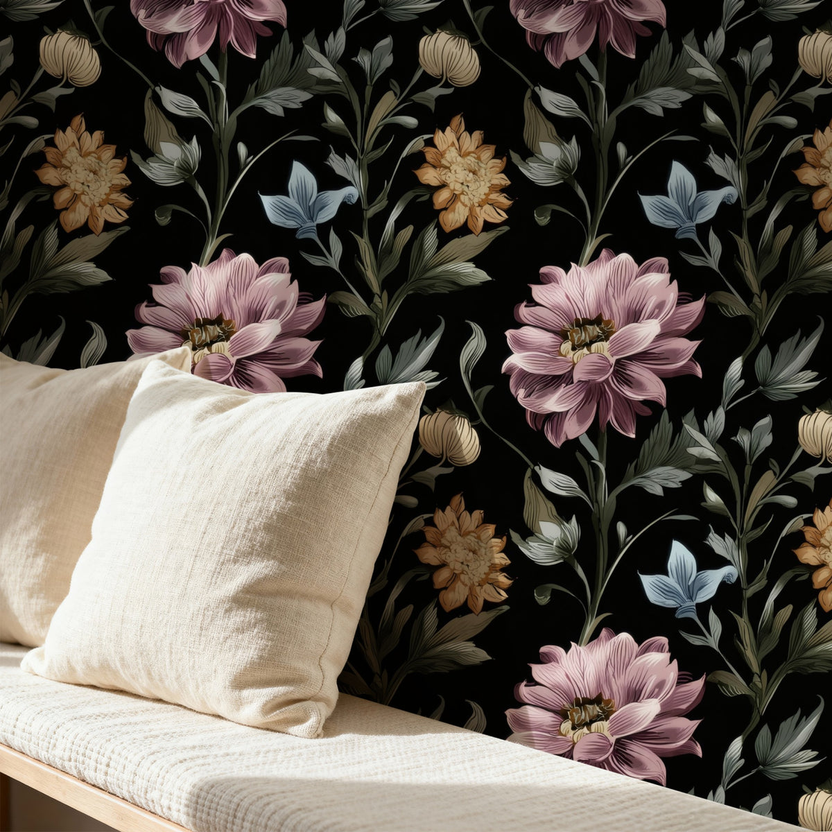 Midnight Dahlia large scale wallpaper in a styled room