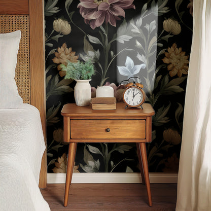 Midnight Dahlia large scale wallpaper in a styled room