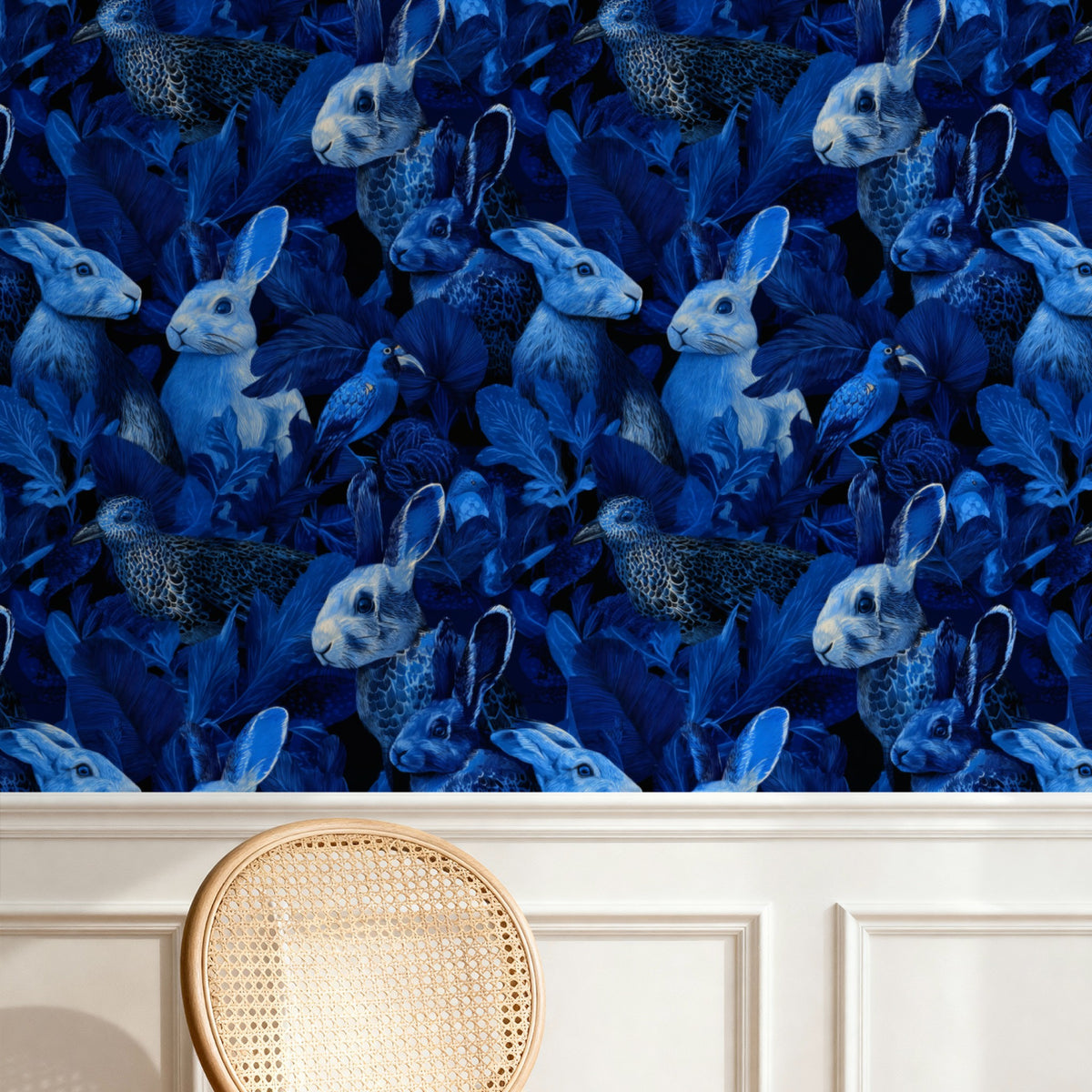 Midnight Hare large scale wallpaper in a styled room