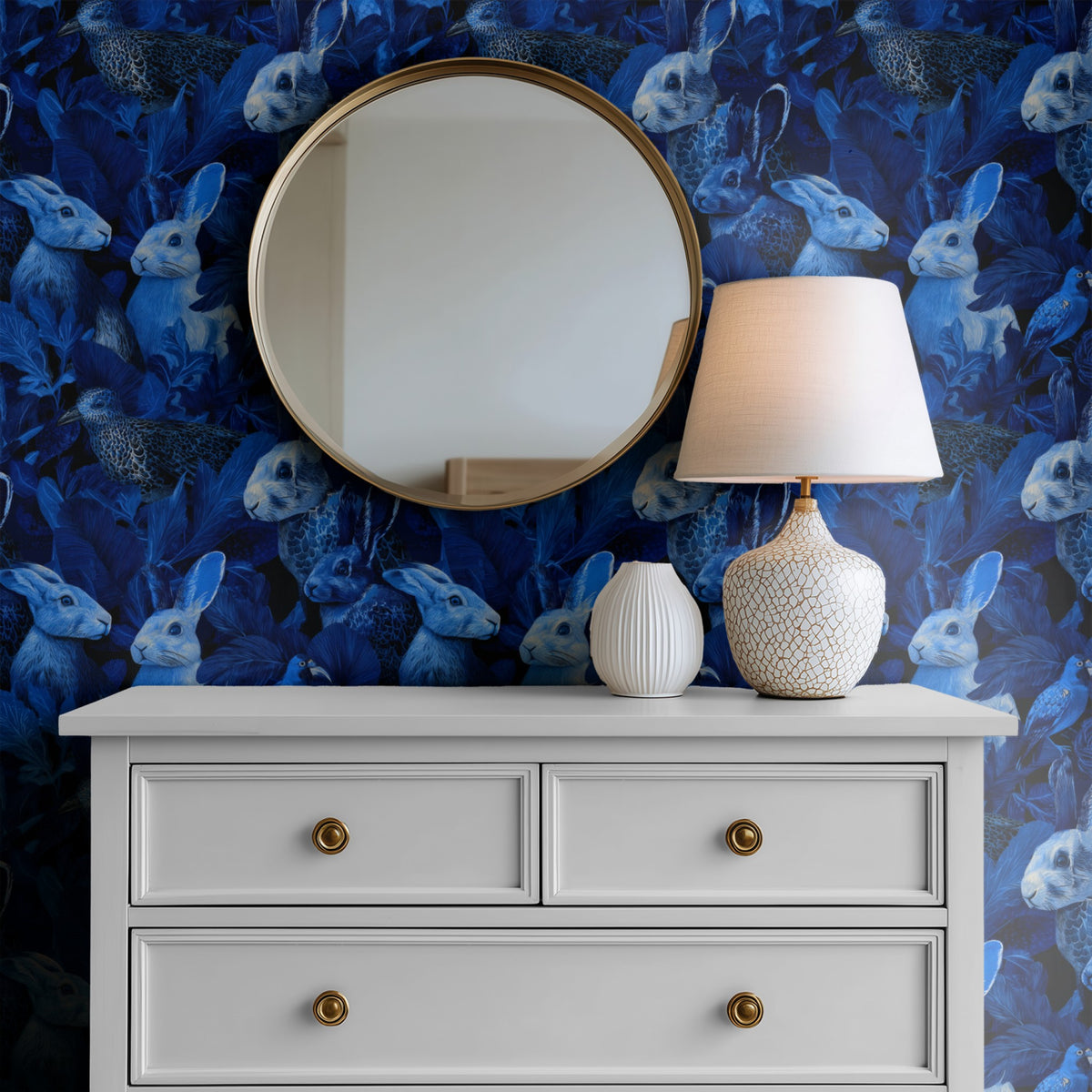 Midnight Hare large scale wallpaper in a styled room