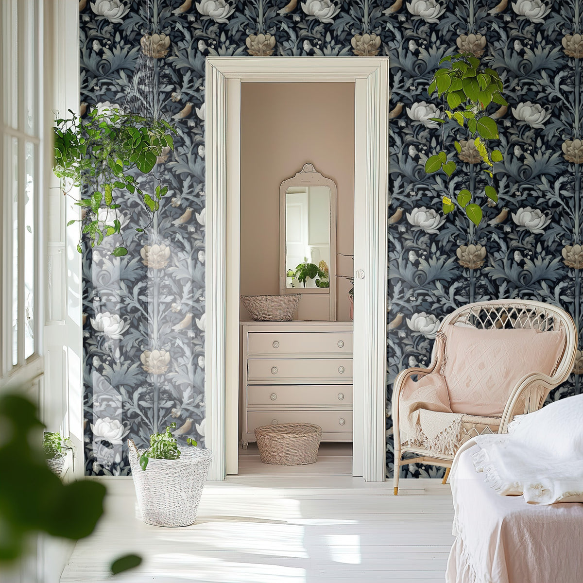 Midnight Lotus large scale wallpaper in a styled room