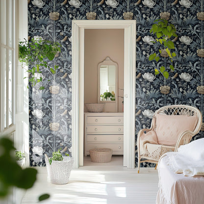Midnight Lotus large scale wallpaper in a styled room
