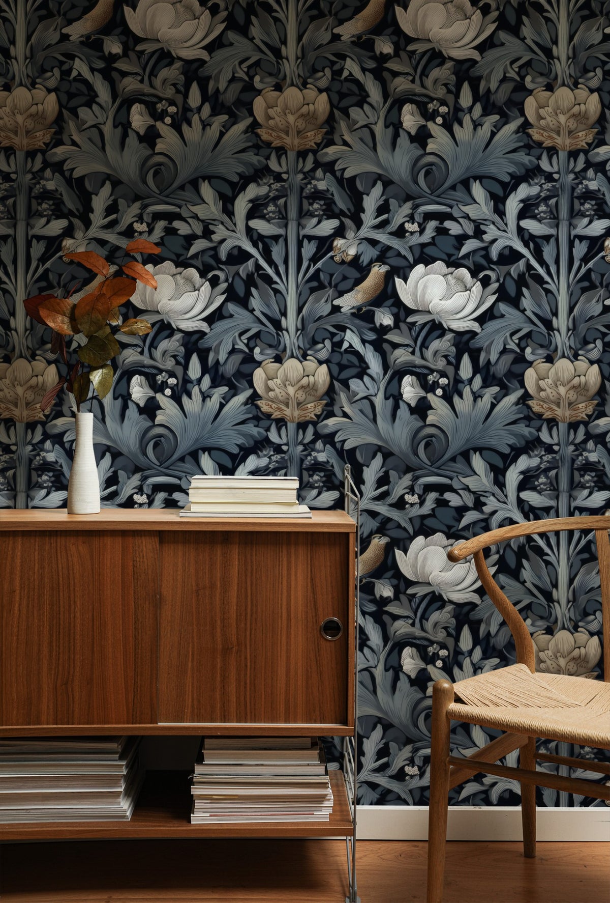 Midnight Lotus large scale wallpaper in a styled room