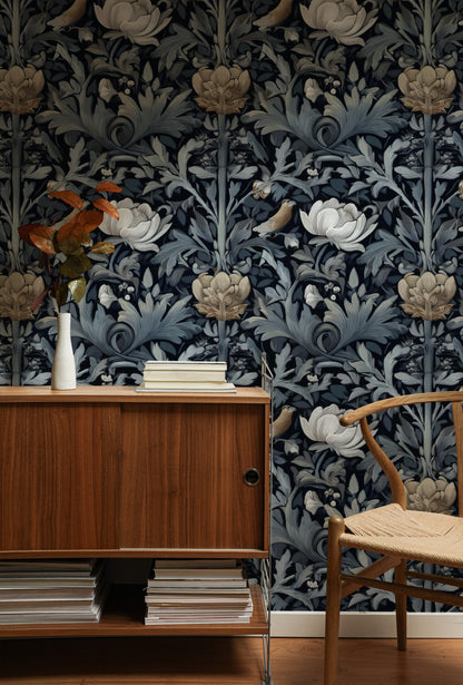 Midnight Lotus large scale wallpaper in a styled room