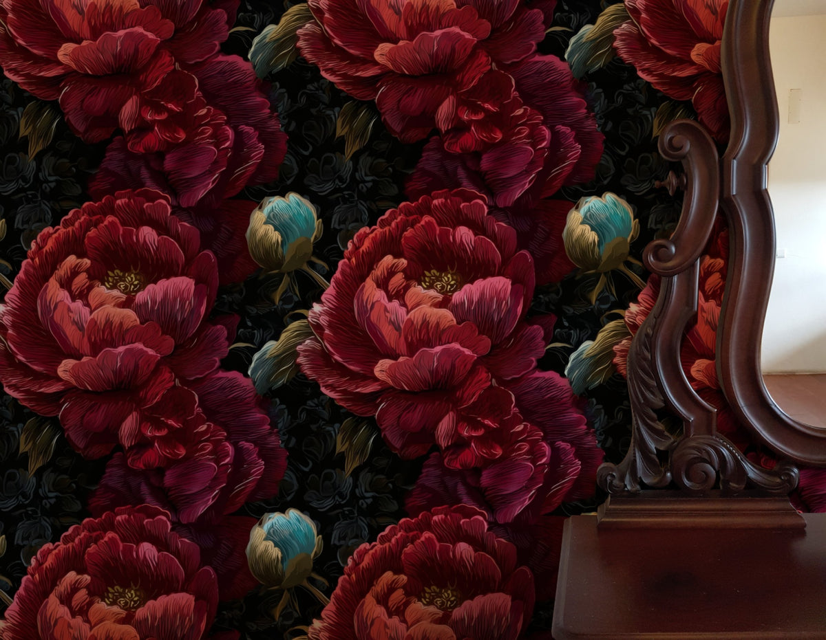 Midnight Peony large scale wallpaper in a styled room