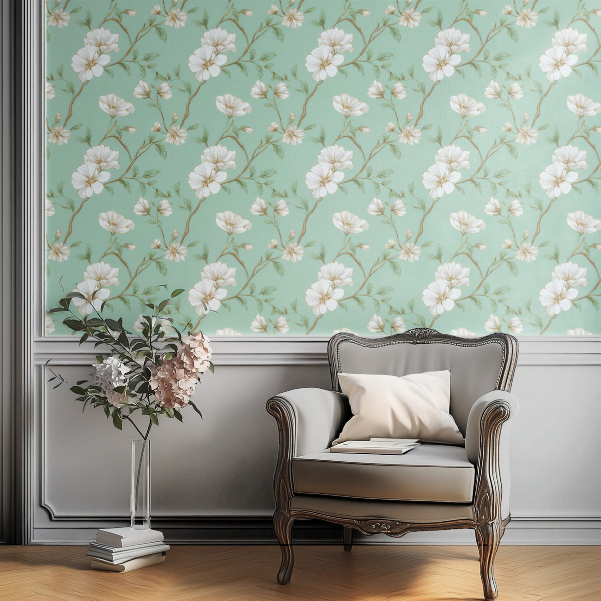 Mint Blossom large scale wallpaper in a styled room