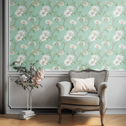 Mint Blossom large scale wallpaper in a styled room
