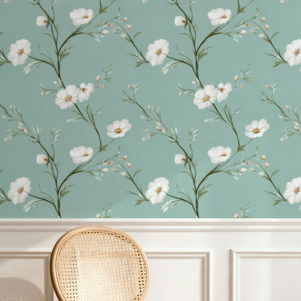 Mint Cosmos large scale wallpaper in a styled room