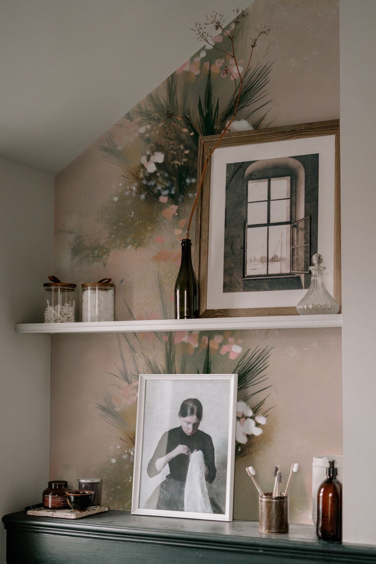 Misty Blossom large scale wallpaper in a styled room