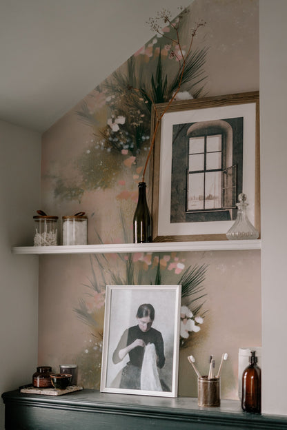 Misty Blossom large scale wallpaper in a styled room