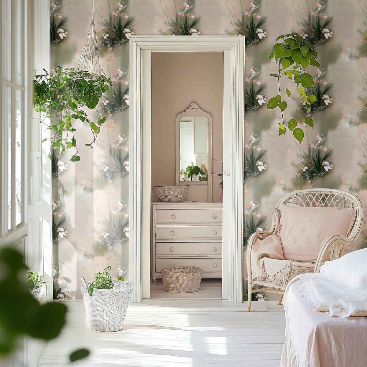 Misty Blossom large scale wallpaper in a styled room