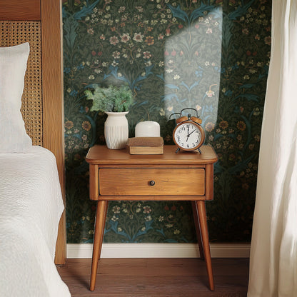 William Morris Blackthorn Green wallpaper on a wall — Bedside table with clock scene