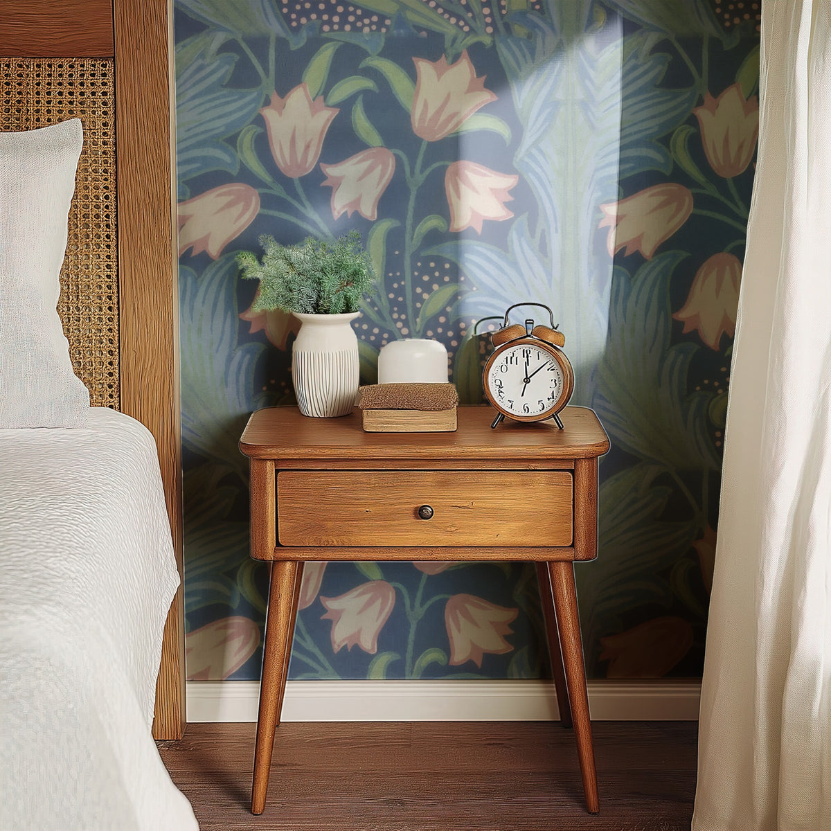 William Morris Harebell Blue wallpaper on a wall — Bedside table with clock scene