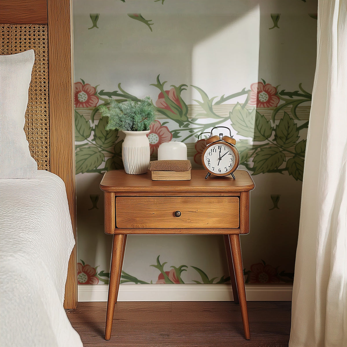 William Morris Rambler Rose wallpaper on a wall — Bedside table with clock scene