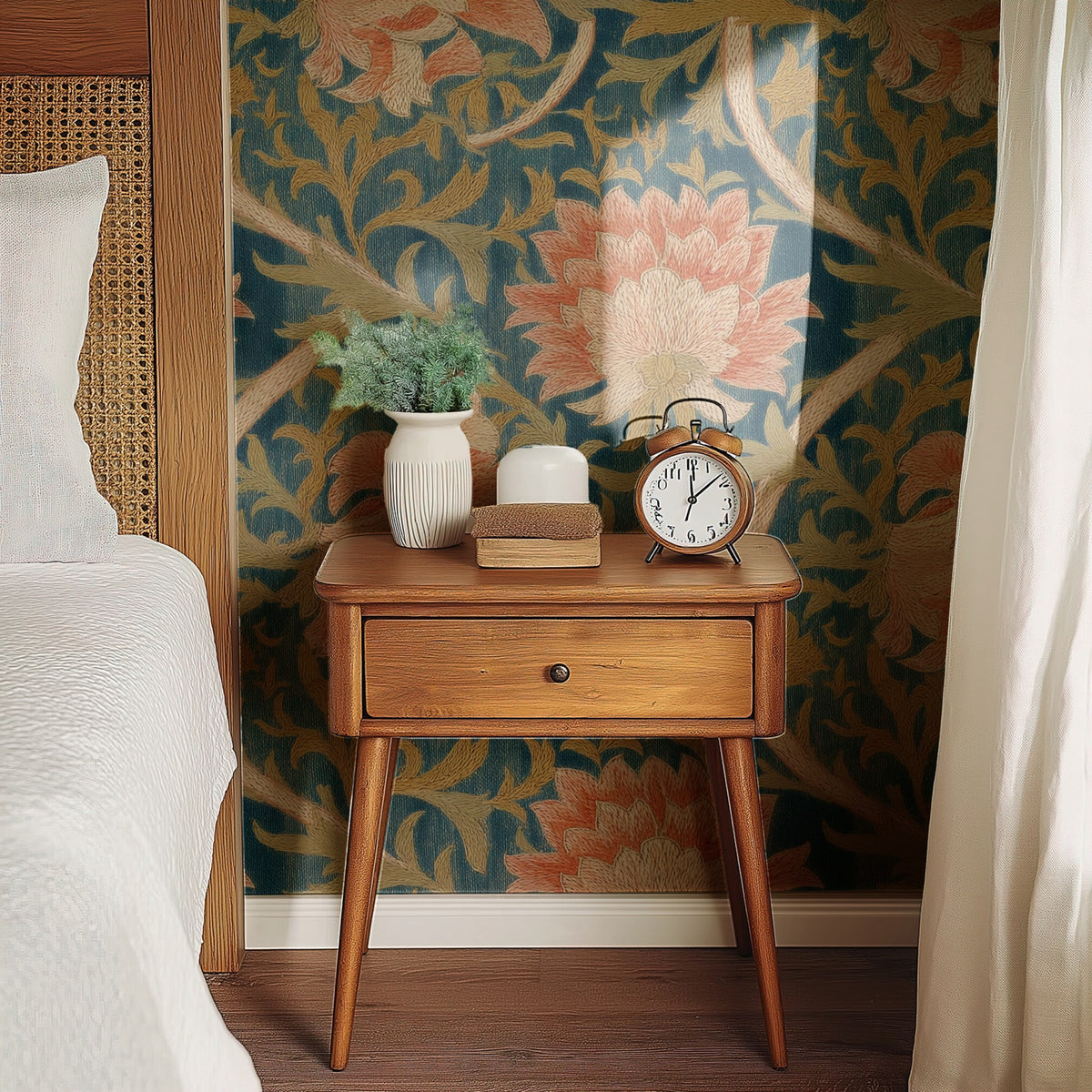 William Morris Five Flowers Teal wallpaper on a wall — Bedside table with clock scene