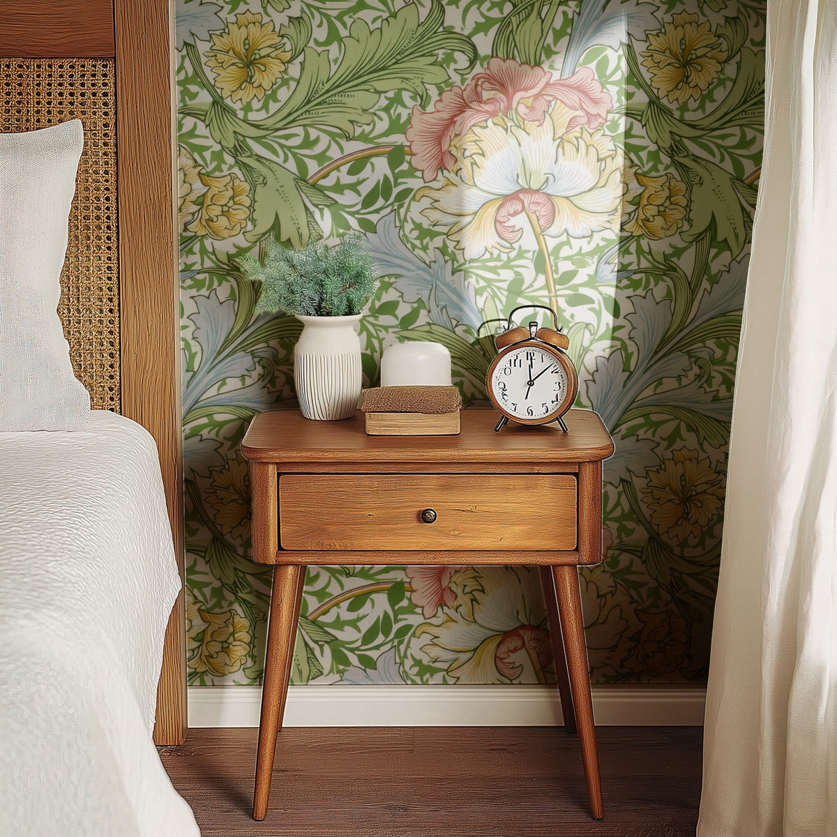 William Morris Myrtle Green wallpaper on a wall — Bedside table with clock scene