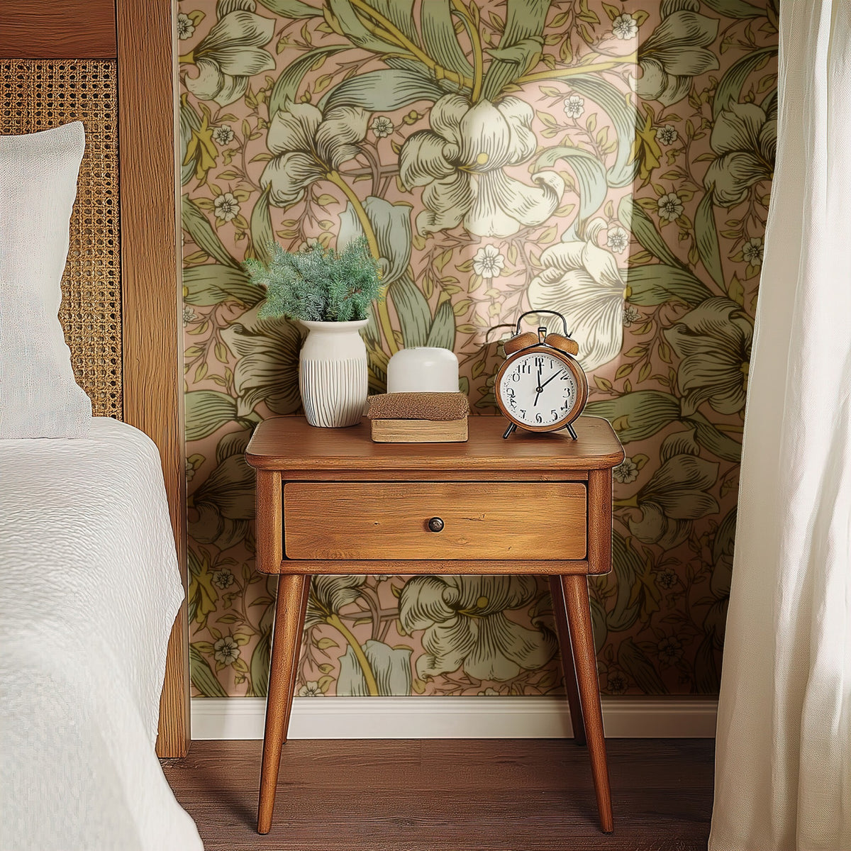 William Morris Spring Thicket Peach wallpaper on a wall — Bedside table with clock scene