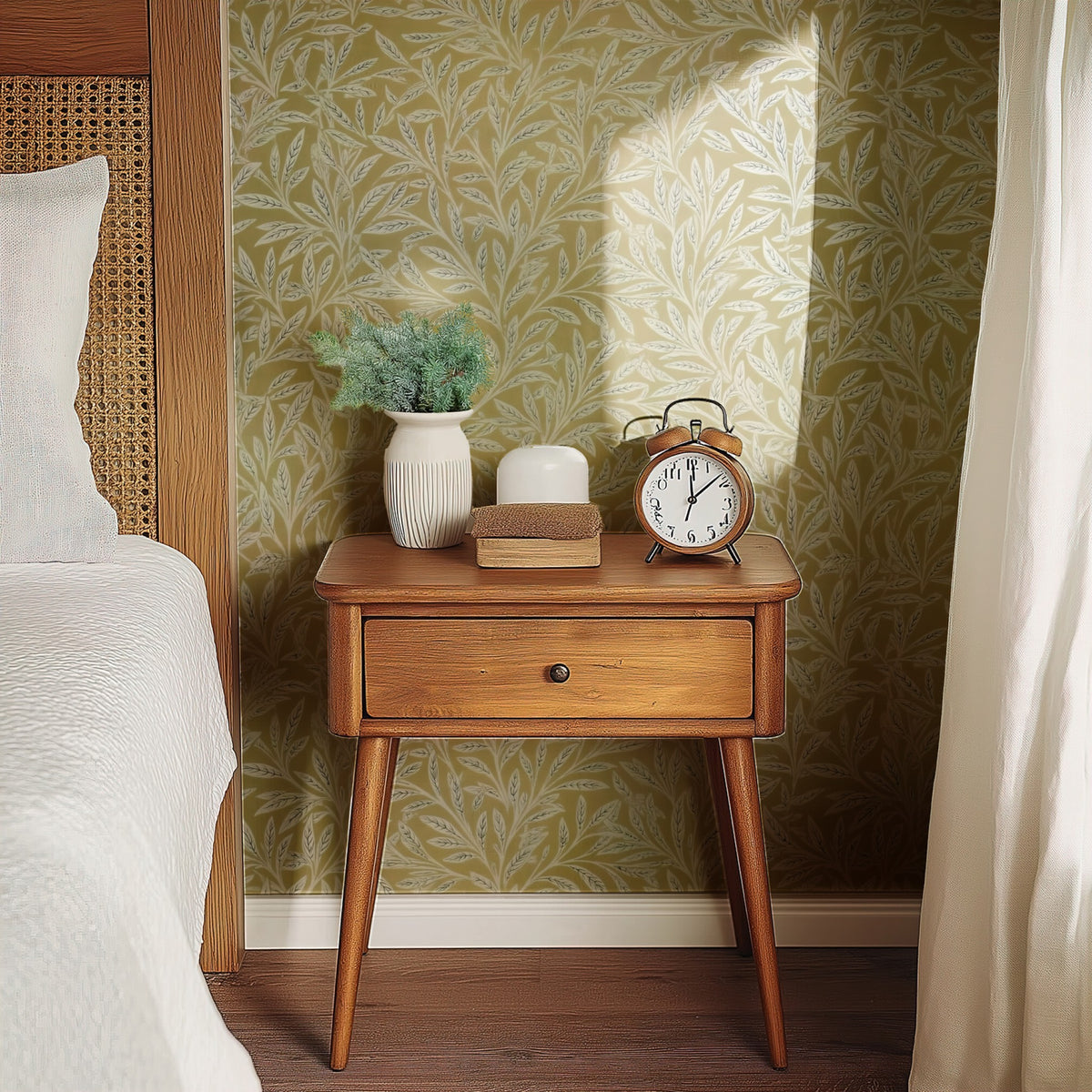 William Morris Willow Gold wallpaper on a wall — Bedside table with clock scene