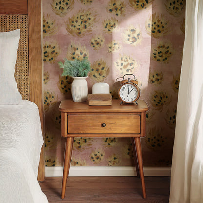 Blush Leopard wallpaper shown on a wall — Bedside table with clock scene