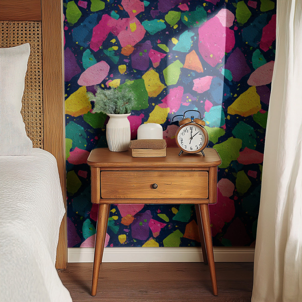 Jewel Terrazzo wallpaper shown on a wall — Bedside table with clock scene