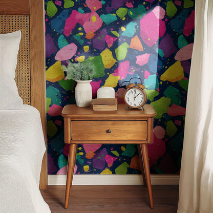 Jewel Terrazzo wallpaper shown on a wall — Bedside table with clock scene