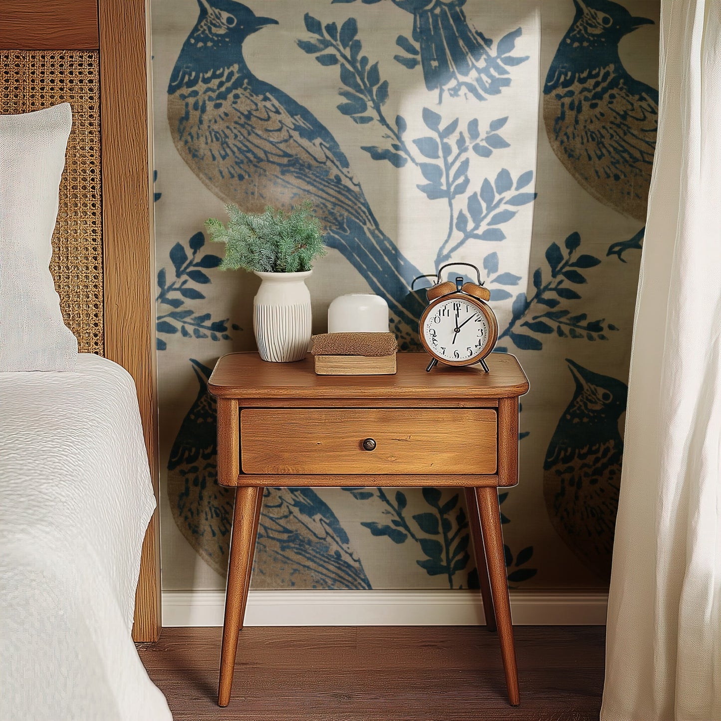 Indigo Cardinal wallpaper on a wall — Bedside table with clock scene