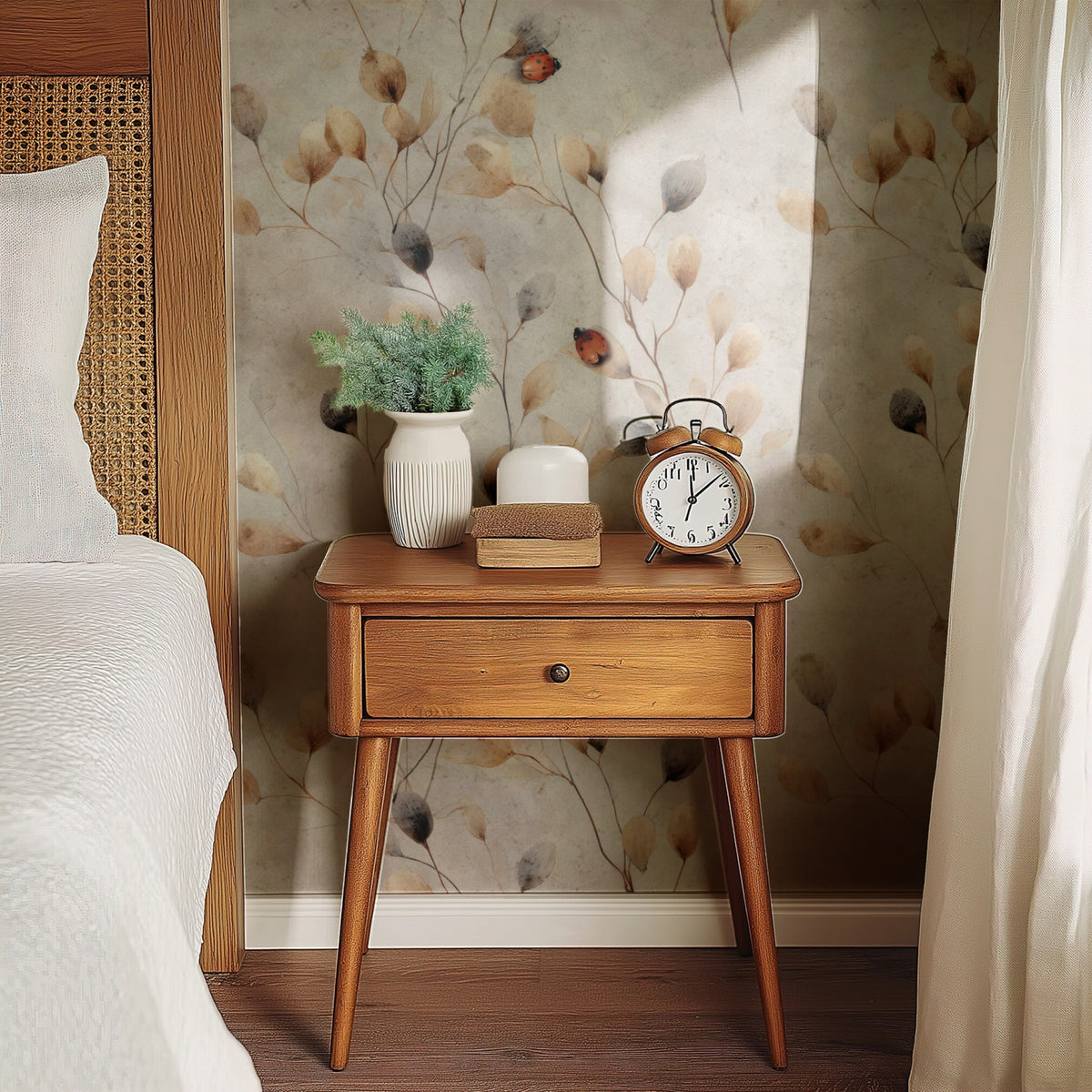 Ladybird Sprigs wallpaper on a wall — Bedside table with clock scene