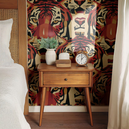 Tiger Grid wallpaper on a wall — Bedside table with clock scene