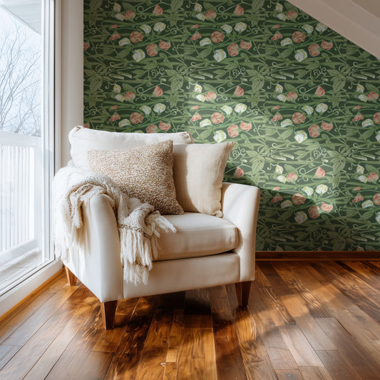 William Morris Sweet Pea Green wallpaper on a wall — Comfy chair by window scene