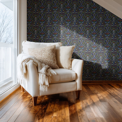 William Morris Flower Pot Navy wallpaper on a wall — Comfy chair by window scene