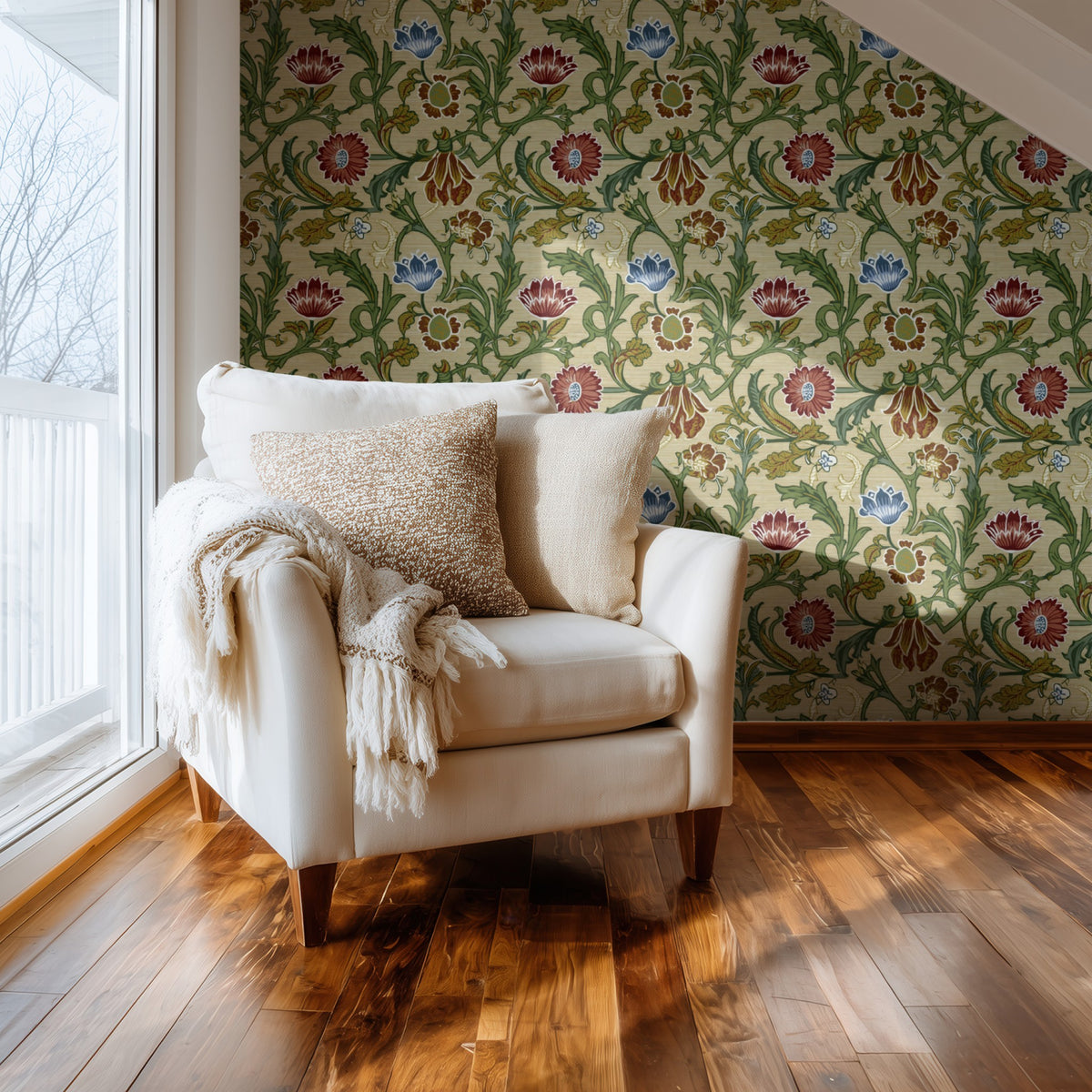 William Morris Brocade Linen wallpaper on a wall — Comfy chair by window scene