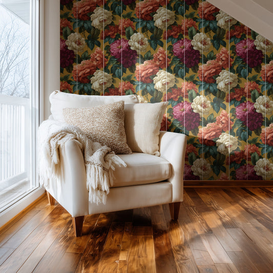 Camellia Toss wallpaper shown on a wall — Comfy chair by window scene