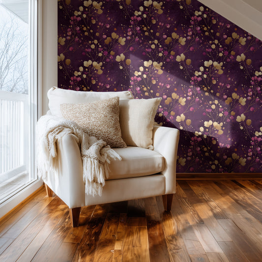 Gilded Plum wallpaper shown on a wall — Comfy chair by window scene
