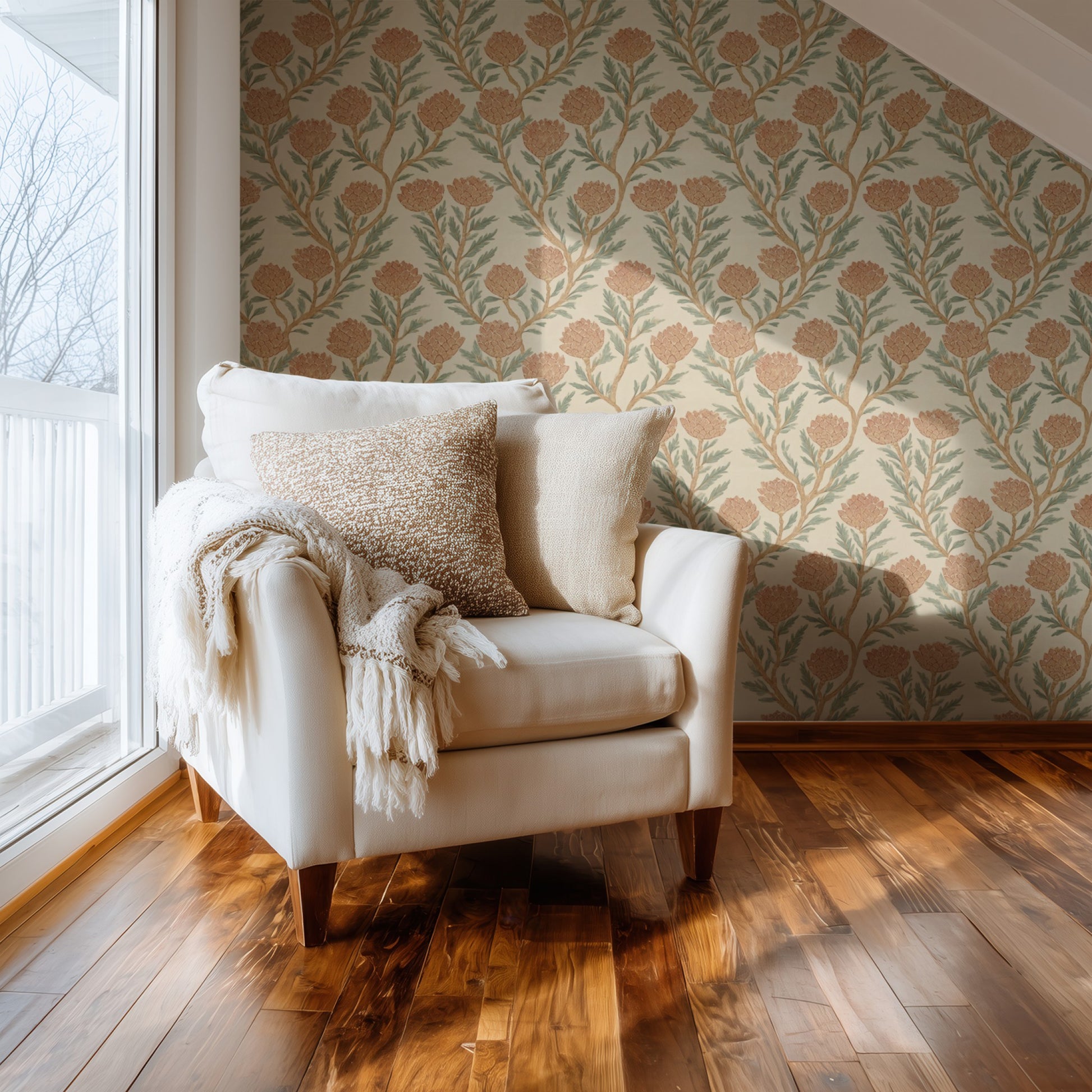 Artichoke Trail wallpaper on a wall — Comfy chair by window scene