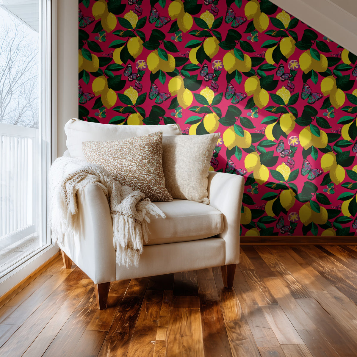Lemon Butterfly wallpaper on a wall — Comfy chair by window scene