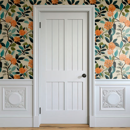 Painted Berry wallpaper on a wall in a hallway beside a door