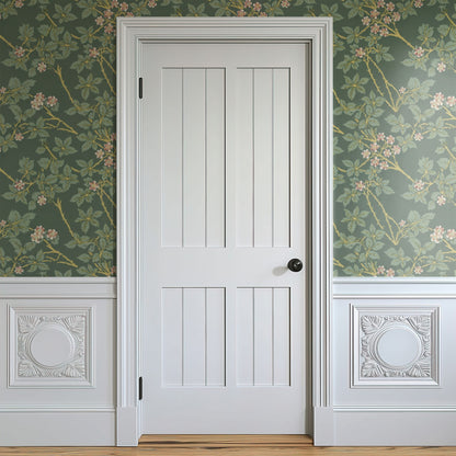 William Morris Blackberry Green wallpaper on a wall — Door in hallway scene
