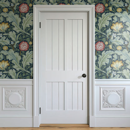 William Morris Leicester Navy wallpaper on a wall — Door in hallway scene
