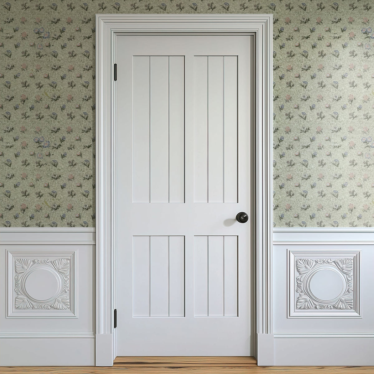 William Morris Powdered Sage wallpaper on a wall — Door in hallway scene