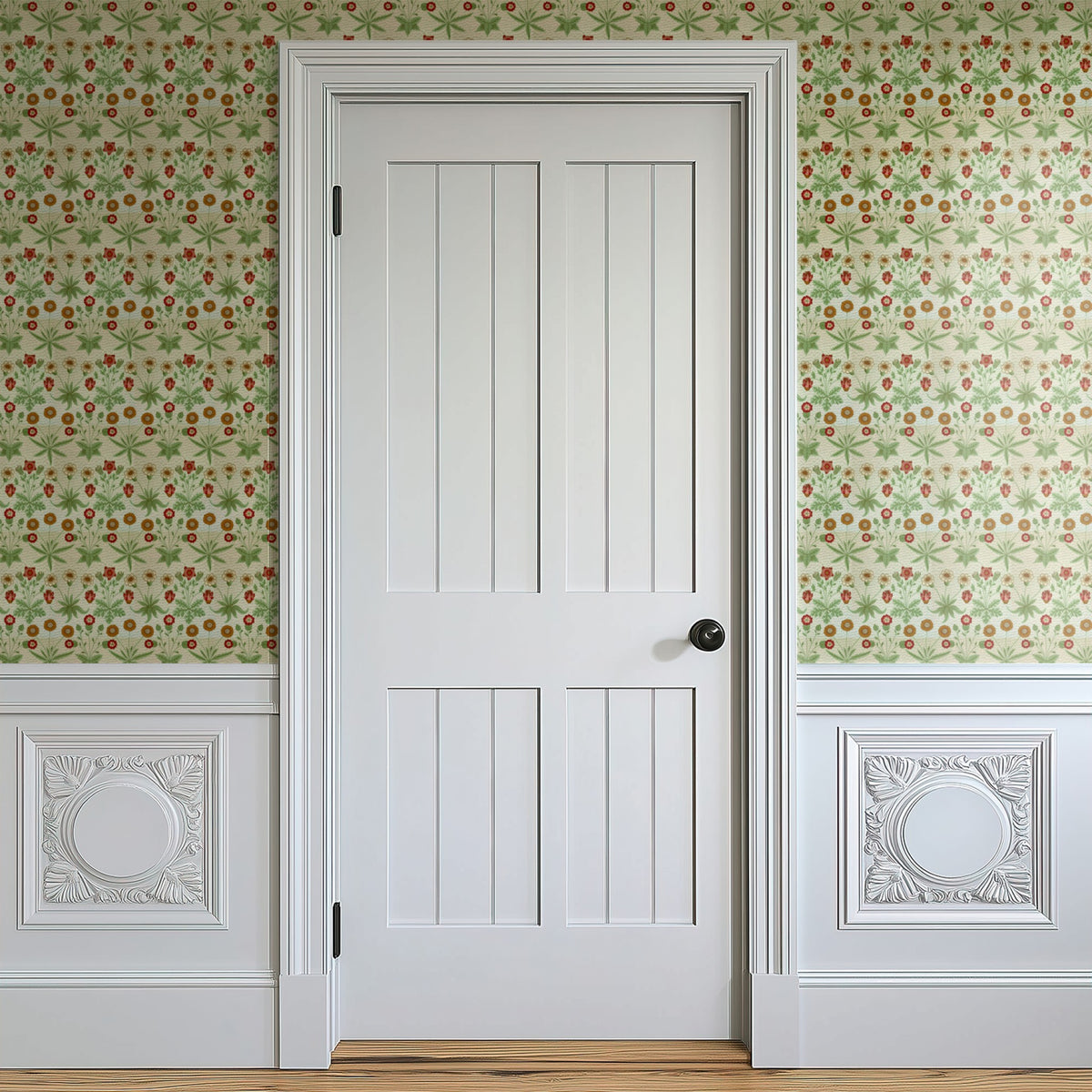 William Morris Daisy Cream wallpaper on a wall — Door in hallway scene