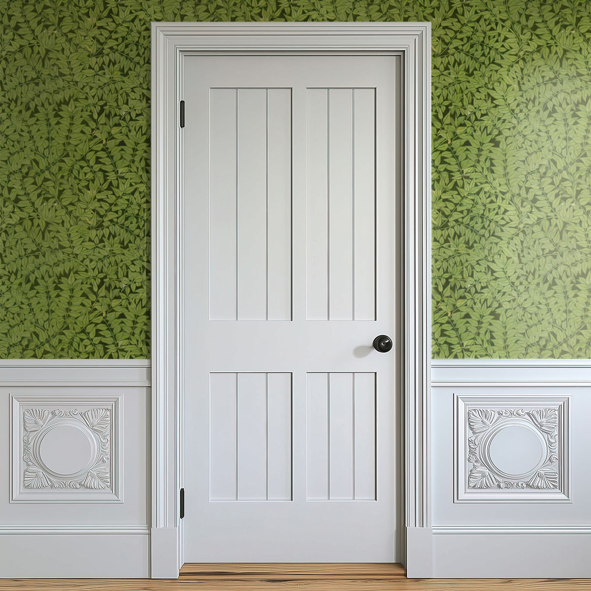 William Morris Branch Green wallpaper on a wall — Door in hallway scene