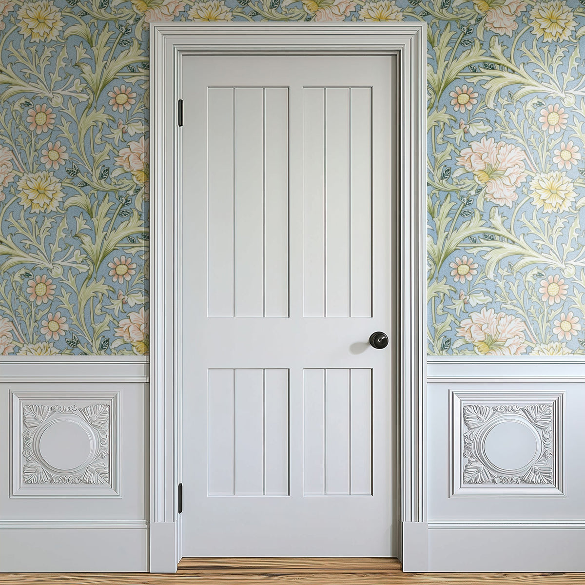 William Morris Double Bough Blue wallpaper on a wall — Door in hallway scene